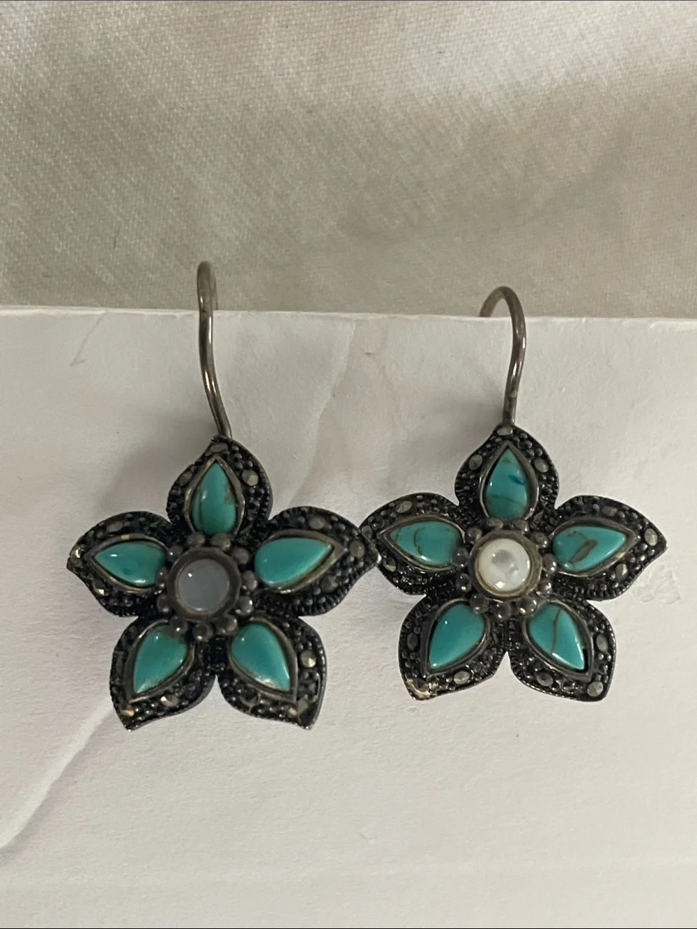 Sterling Silver 925 Genuine Turquoise/Pearl Pierced Earrings Vintage Flower